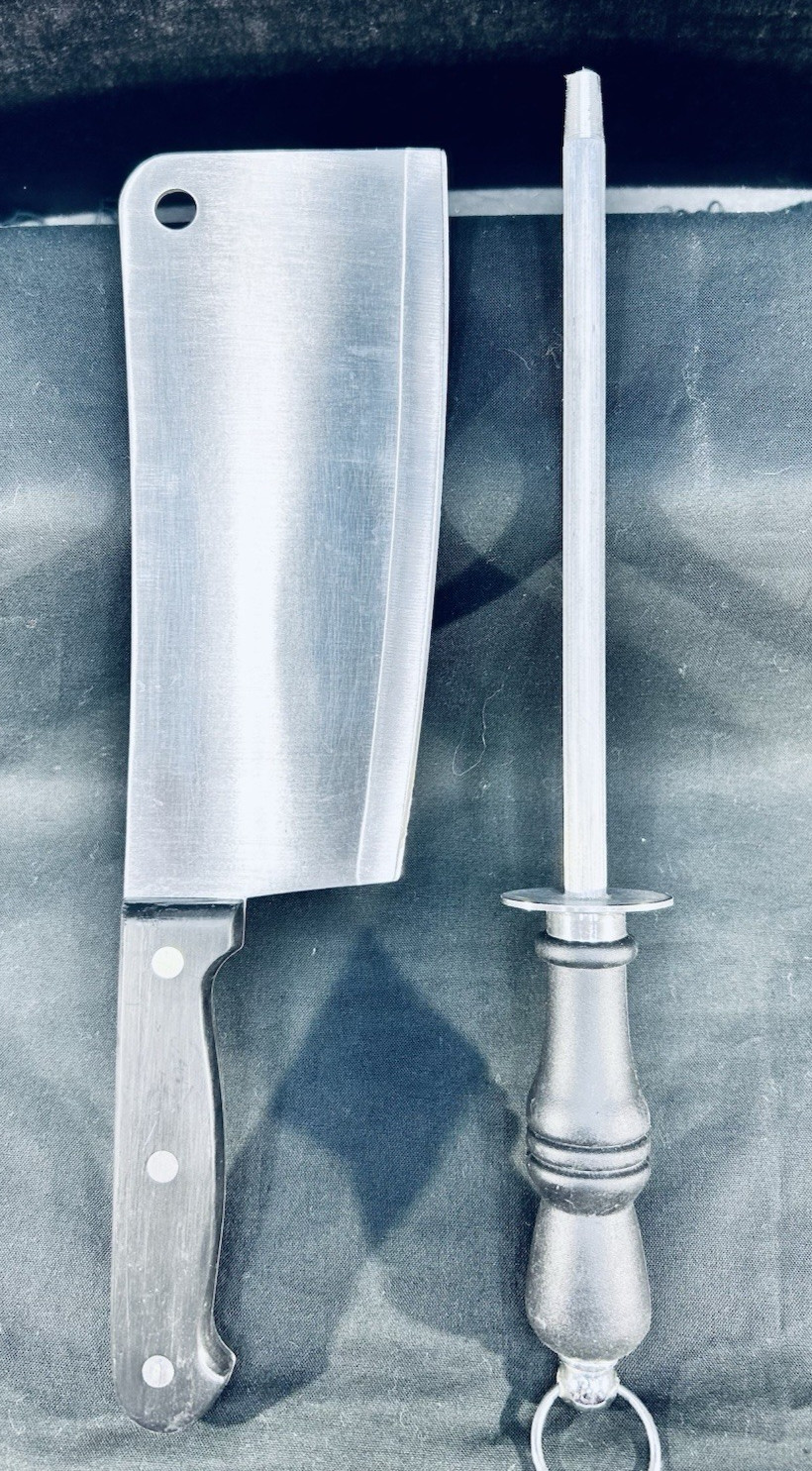 Philippe Richard Stainles Steel Fine Edge Meat Cleaver Knife, Sharpner Full Tang
