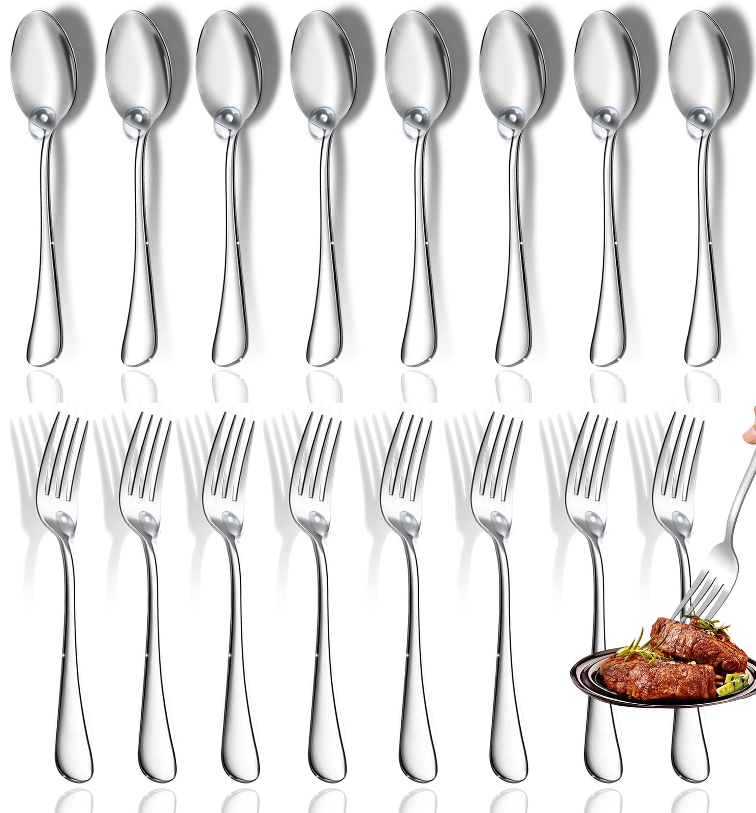 12 Pcs Spoons and Forks Set, Top Food Grade Stainless Steel 12pcs, Silver