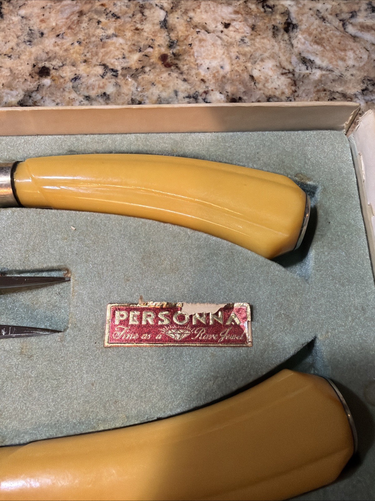 Vintage Personna Carving Set W/ BAKELITE Handles Knife/Fork & Sharpener In Box