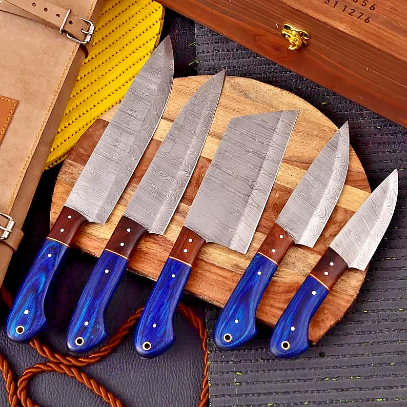 Damascus Chef Knife Set | 5-Piece Handmade Kitchen Knives w/ Leather Roll