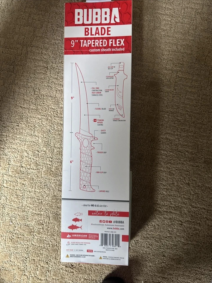 NEW BUBBA 9″ Tapered Flex Fillet Knife BB1-9TF Fixed Blade w/ Sheath Fishing NIB