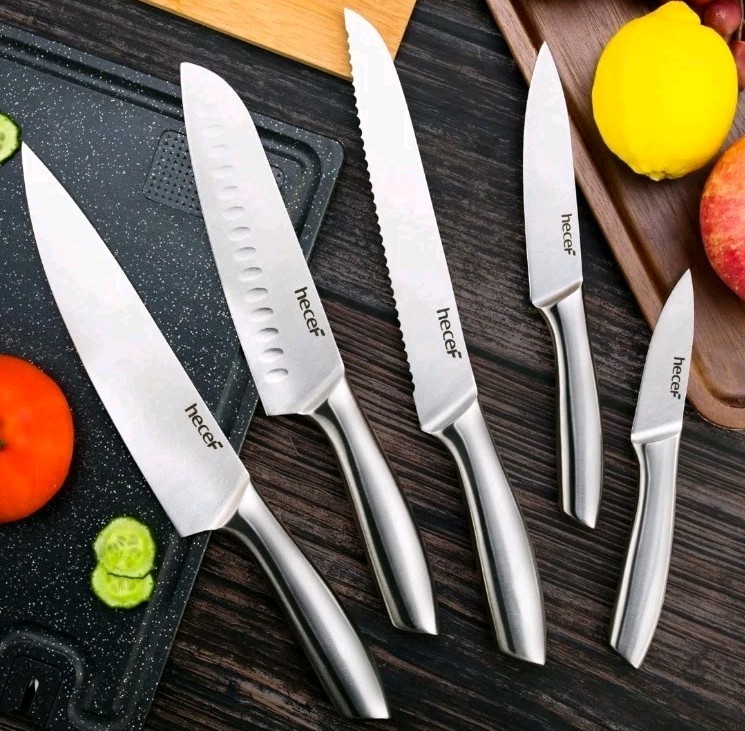 NEW Stainless Steel Silver Kitchen Premium Cooking Knife Set of 5. Hollow Handle