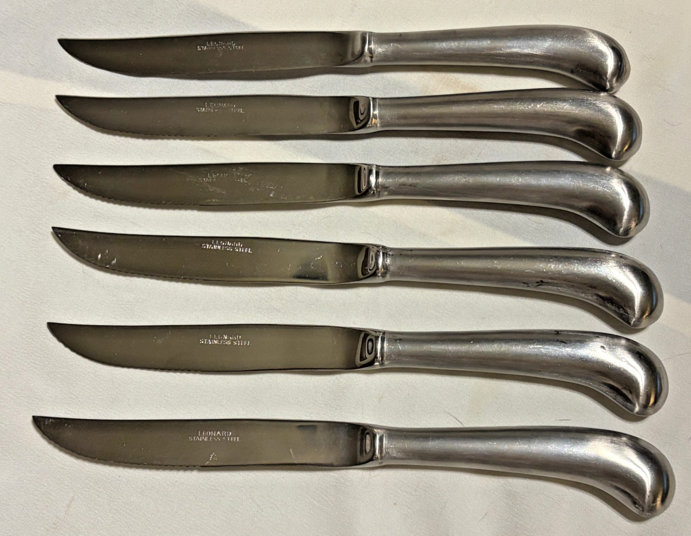 Vtg Leonard Steak Knives Stainless Steel Blades Silver Pistol Grip Set of 6