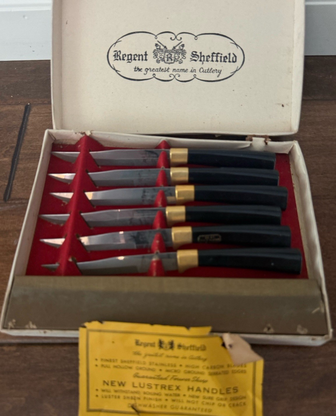 Regent Sheffield Vintage 6 Piece Steak Knife Set 24KT Gold Plated MCM NEW!