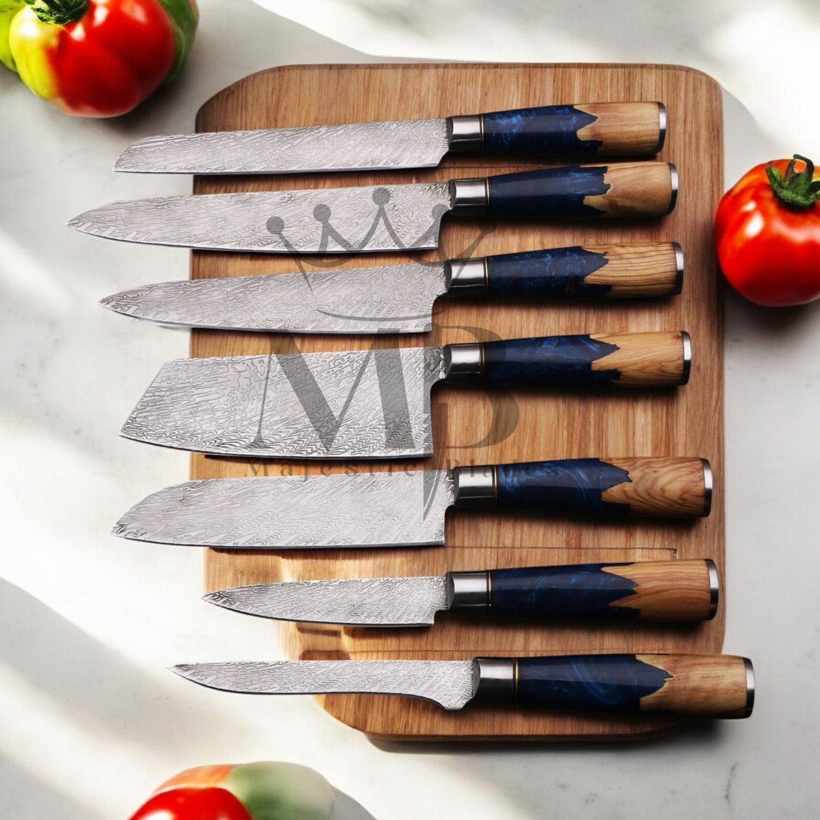 STUNNING 7PCS DAMASCUS STEEL KNIFE SET WITH BLUE RESIN BURL WOOD HANDLE