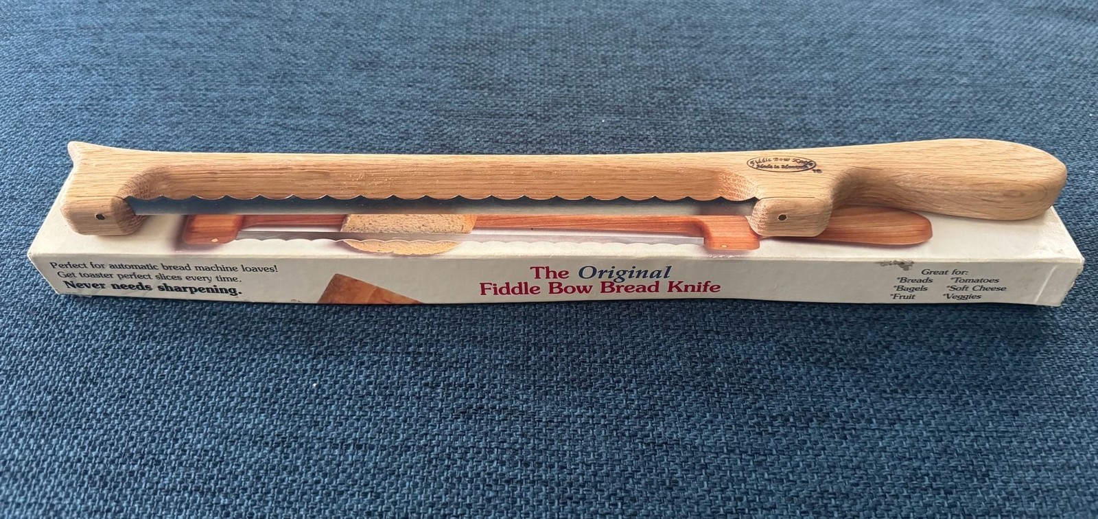 The Original Fiddle Bow Bread Knife – Made in Montana Oak Bread Slicer with Box