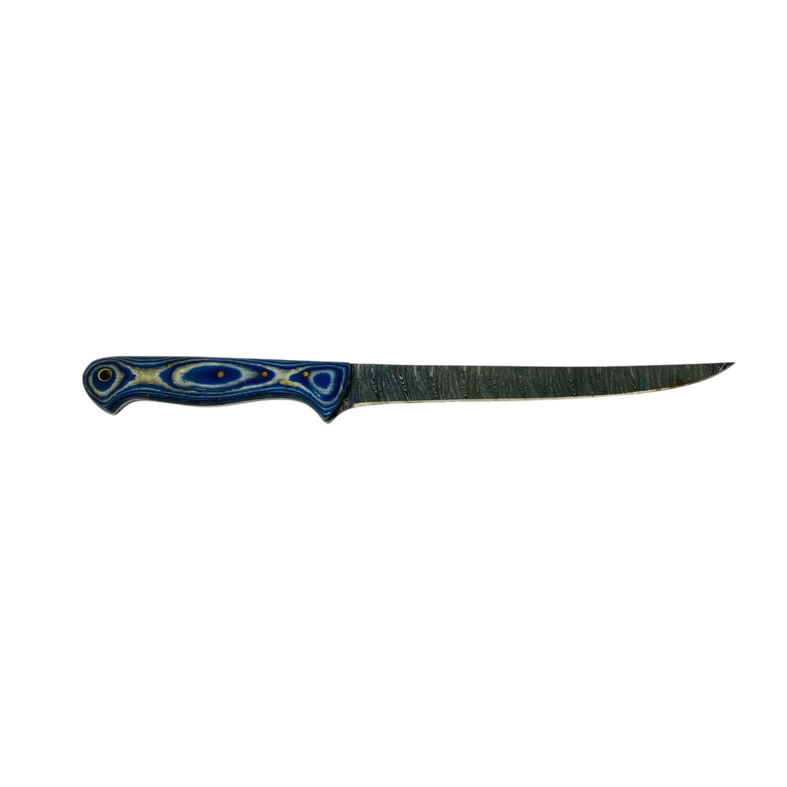 Damascus Steel Fillet Boning Knife Blue Layered Handle Black Leather Sheath