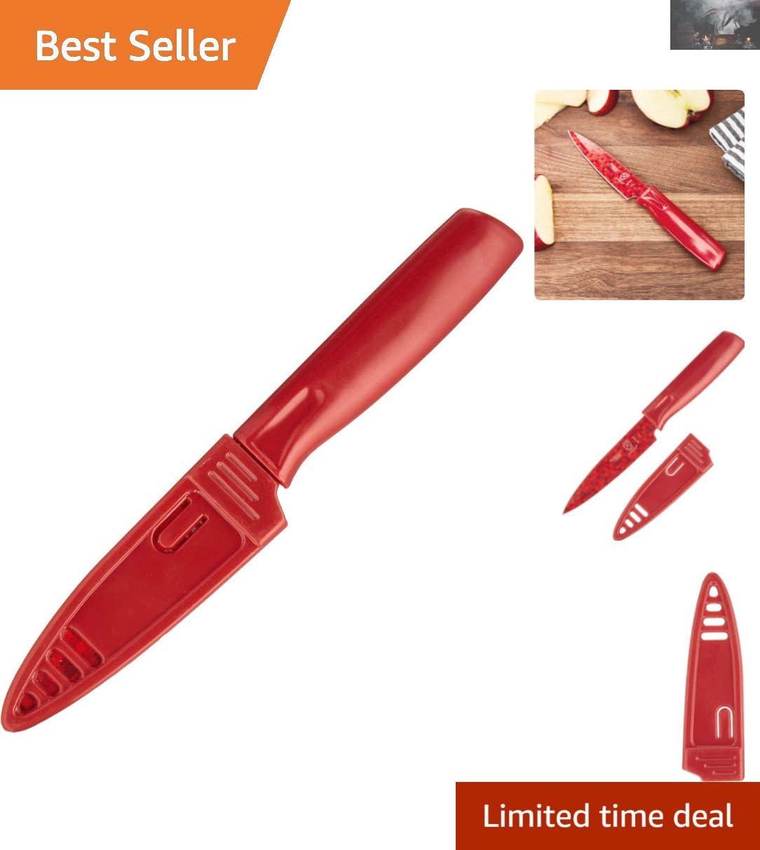 High-Carbon Steel Non-Stick Paring Knife – 4″ Red Knife with Protective Sheath