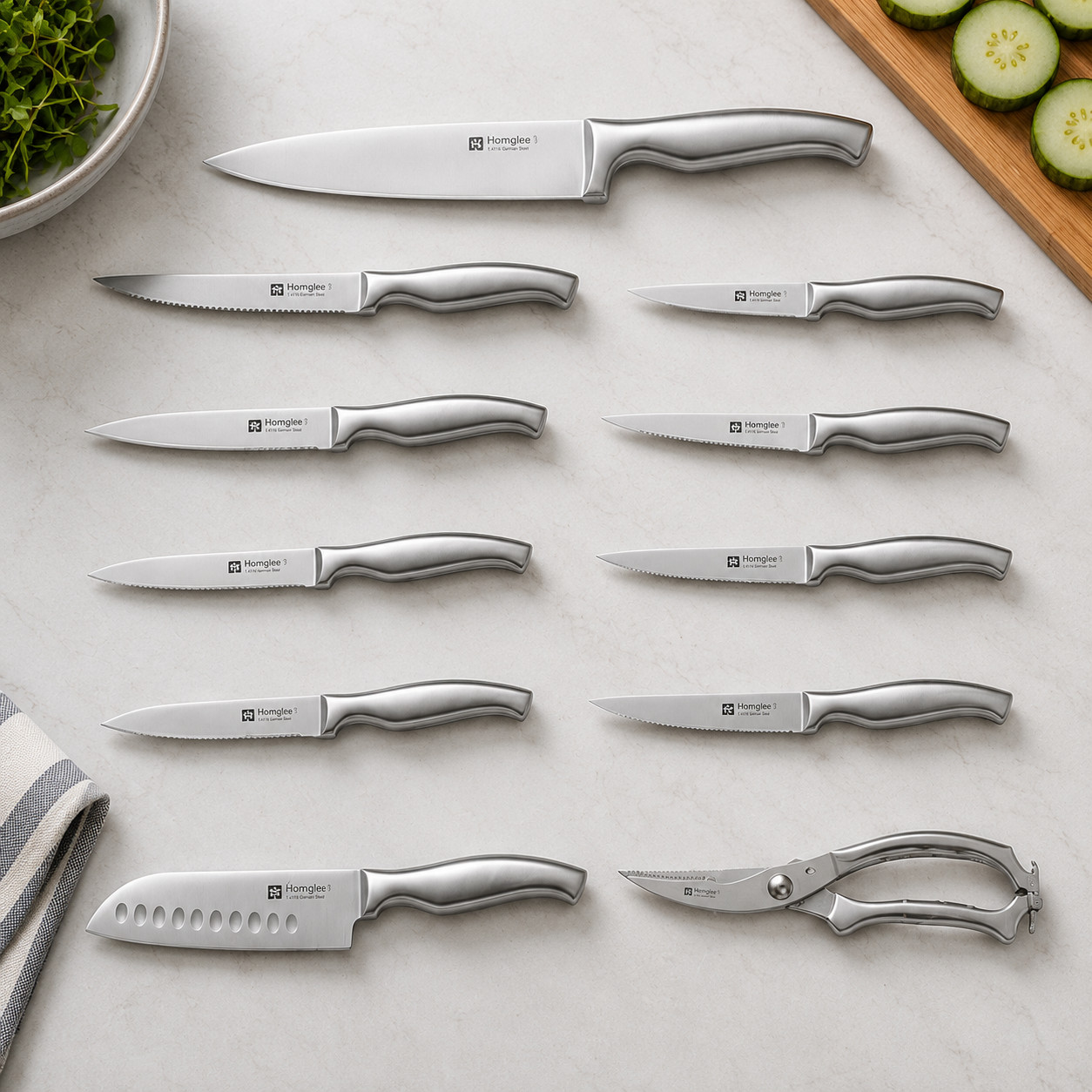 Homglee 14-Piece Kitchen Knife Set w/Wood Block- Ultra Sharp Chef Knives