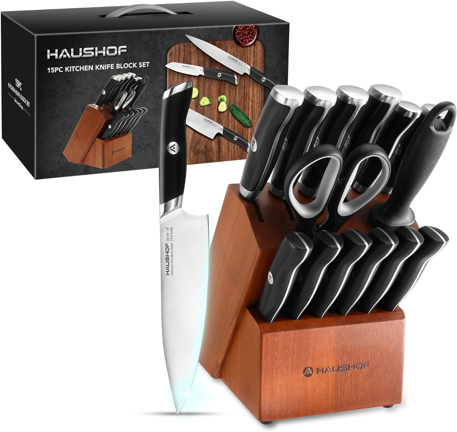 15Pieces Kitchen Knife Set with Block Stainless Steel with Sharpener Rod NEW
