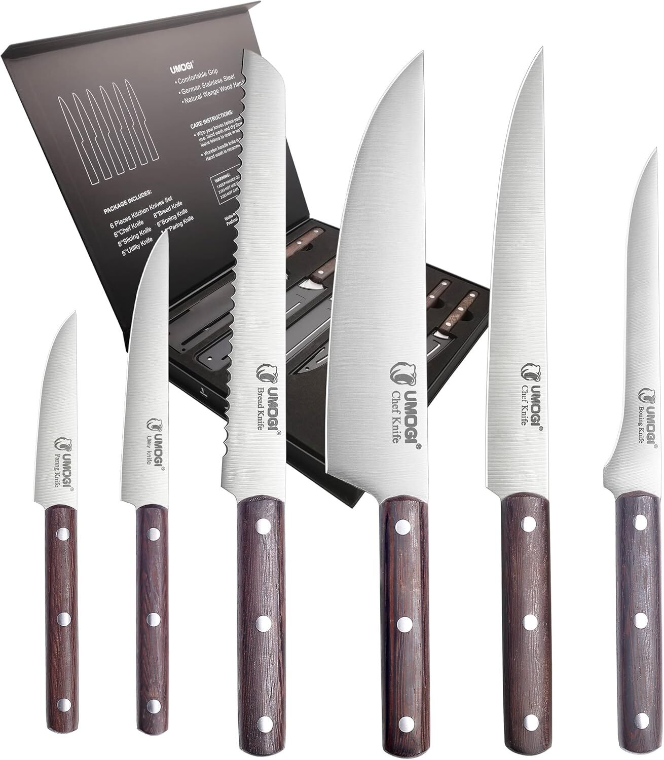 Kitchen Knife Set 6 Piece with Sheath Covers in Gift Box – Full Tang Wooden