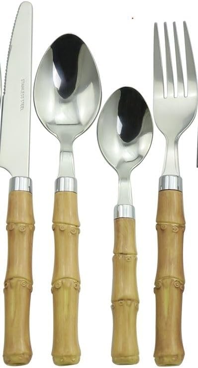 Bamboo Stainless Steel Cutlery Set with Naturalistic Bamboo Handles 16 Pieces