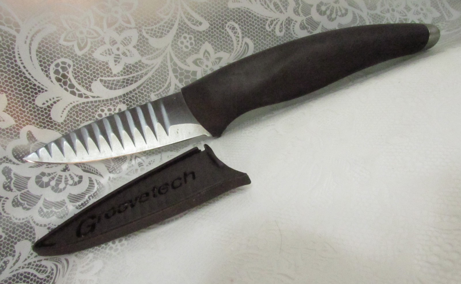 Groove Tech 3″ Blade Chef Kitchen KNIFE with SHEATH & Black Rubber Handle USA