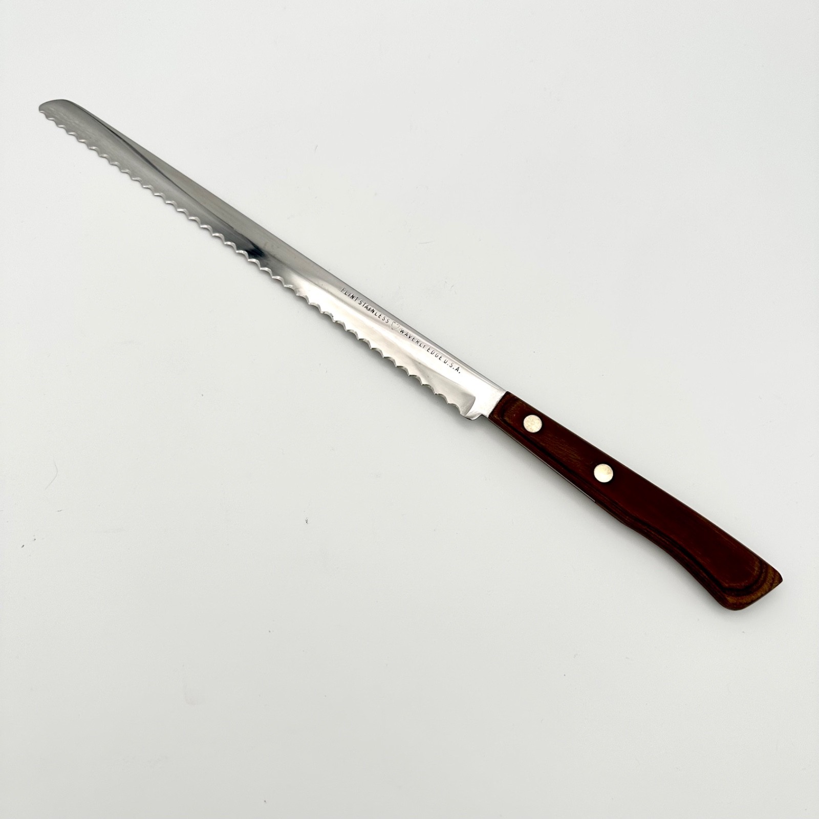 Vintage Flint Stainless WAVERLY EDGE USA 14″ Serrated Knife Wood Handle Bread