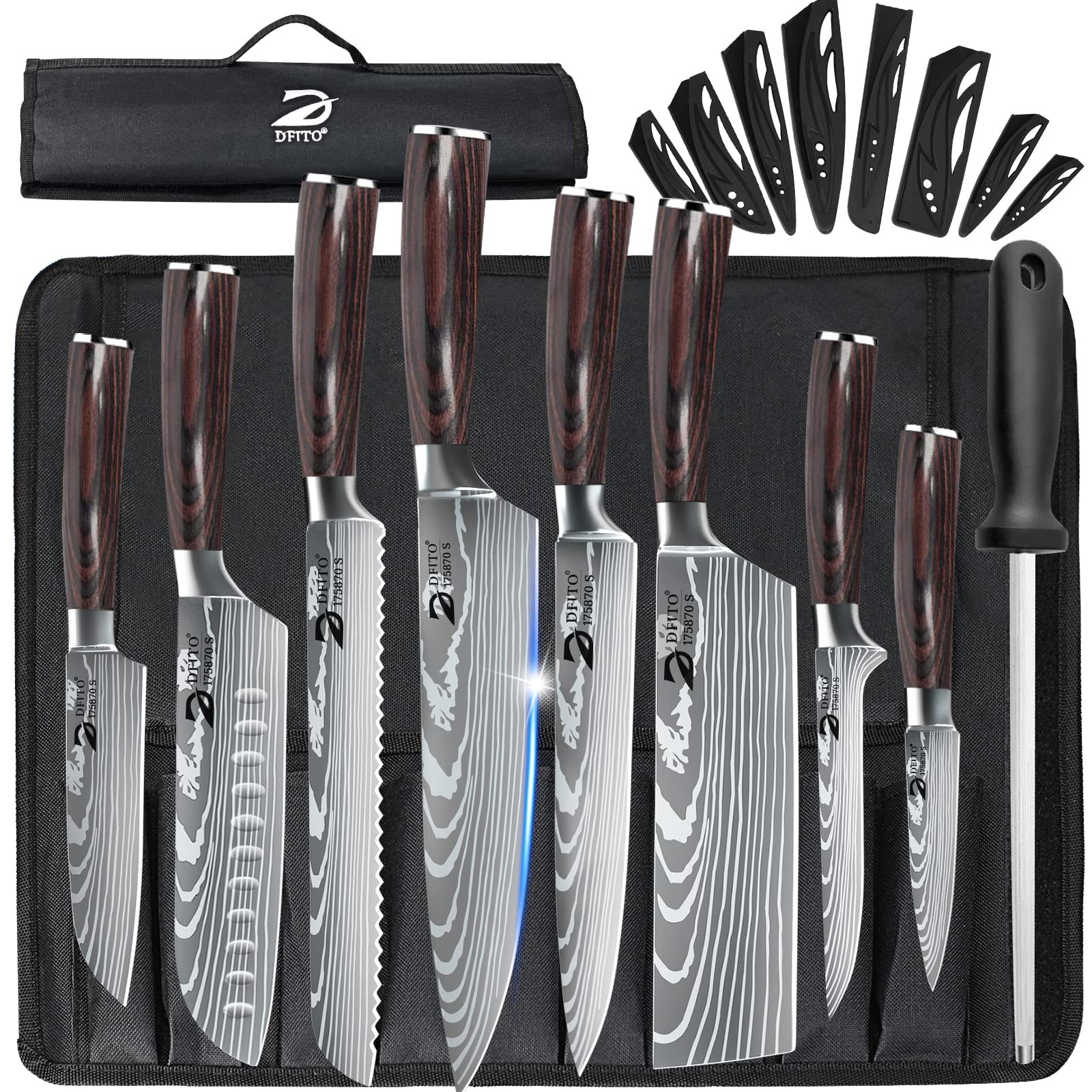 Dfito Chef Knife Sets with Roll Bag 9 Pieces Professional