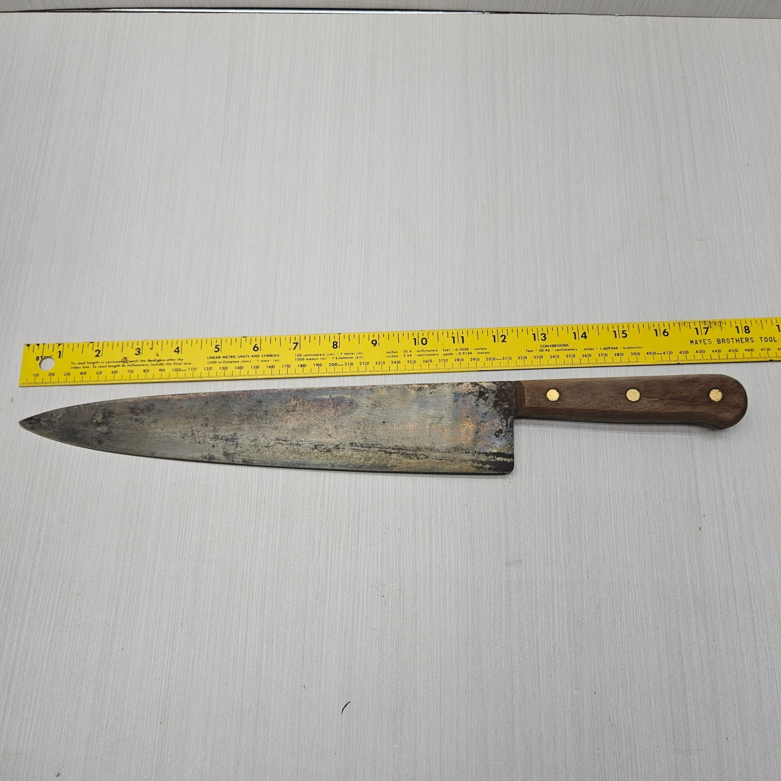 Vintage Carbon Steel Chef Knife 10.5 Inch Blade Wood Handle Full Tang Antique
