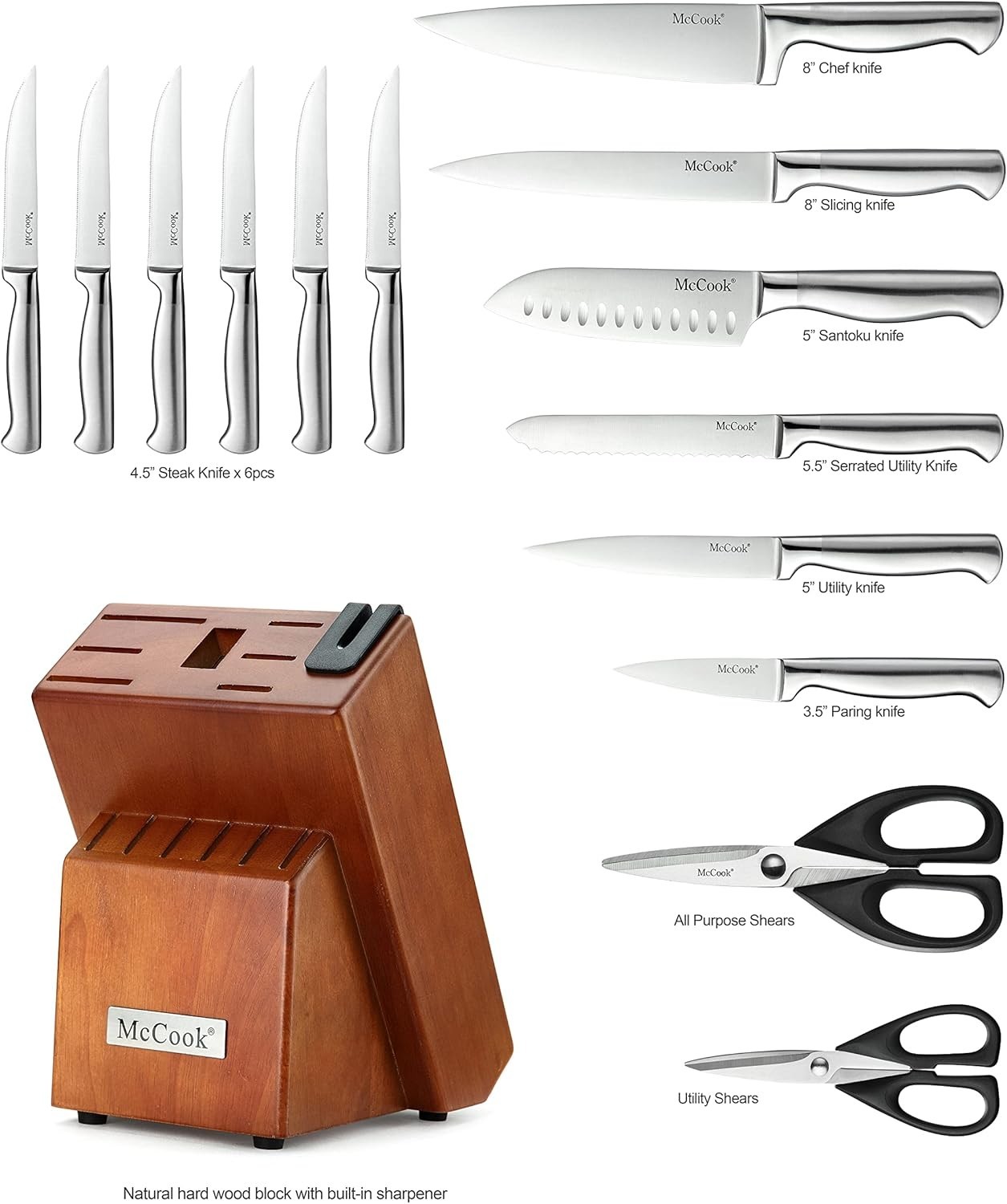 15-Piece German Stainless Steel Knife Set with Built-in Sharpener & Block
