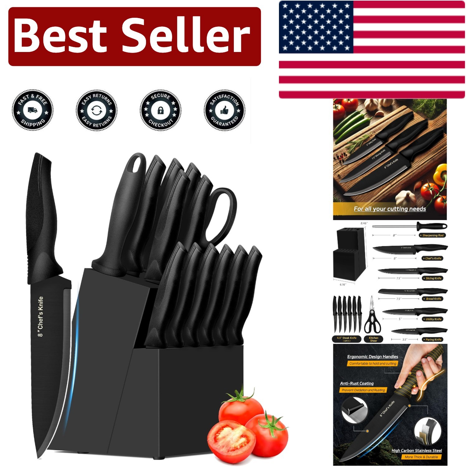 Professional 14-Piece Kitchen Knife Set with Laser-Cut Blades & Block Storage
