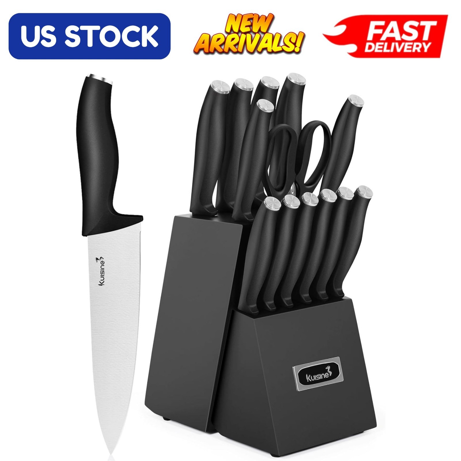 15Pk Kitchen Chef Knife Block Set High Carbon Stainless Steel Built-in Sharpener
