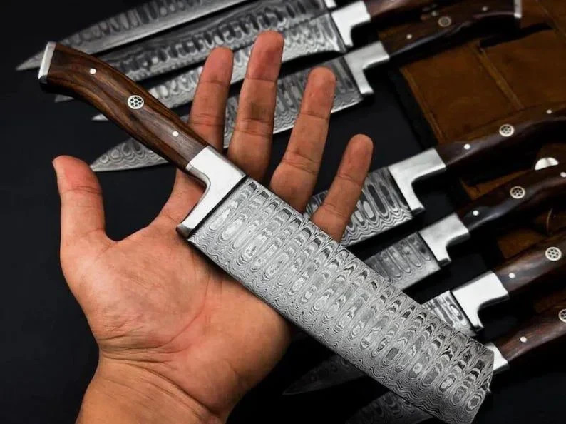 Hand-Forged Damascus Steel Chef Set | 9-Piece Set With Leather Sheath