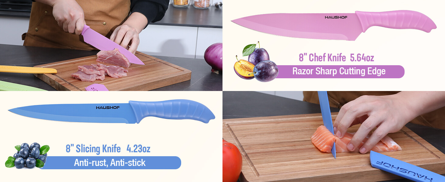 HAUSHOF 6PC Kitchen Knife Set Non-Stick Coated Stainless Steel Blades for Dicing