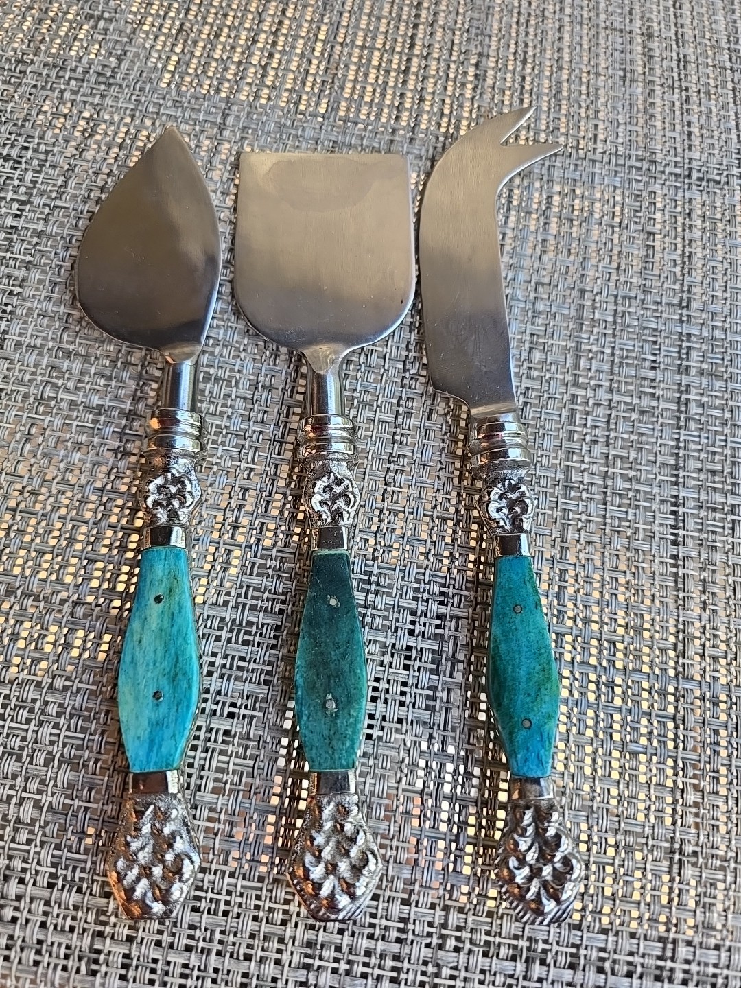 Cutlery Cheese Knife Set Vintage Slicer Spreader 3piece Teal Handles Stainless