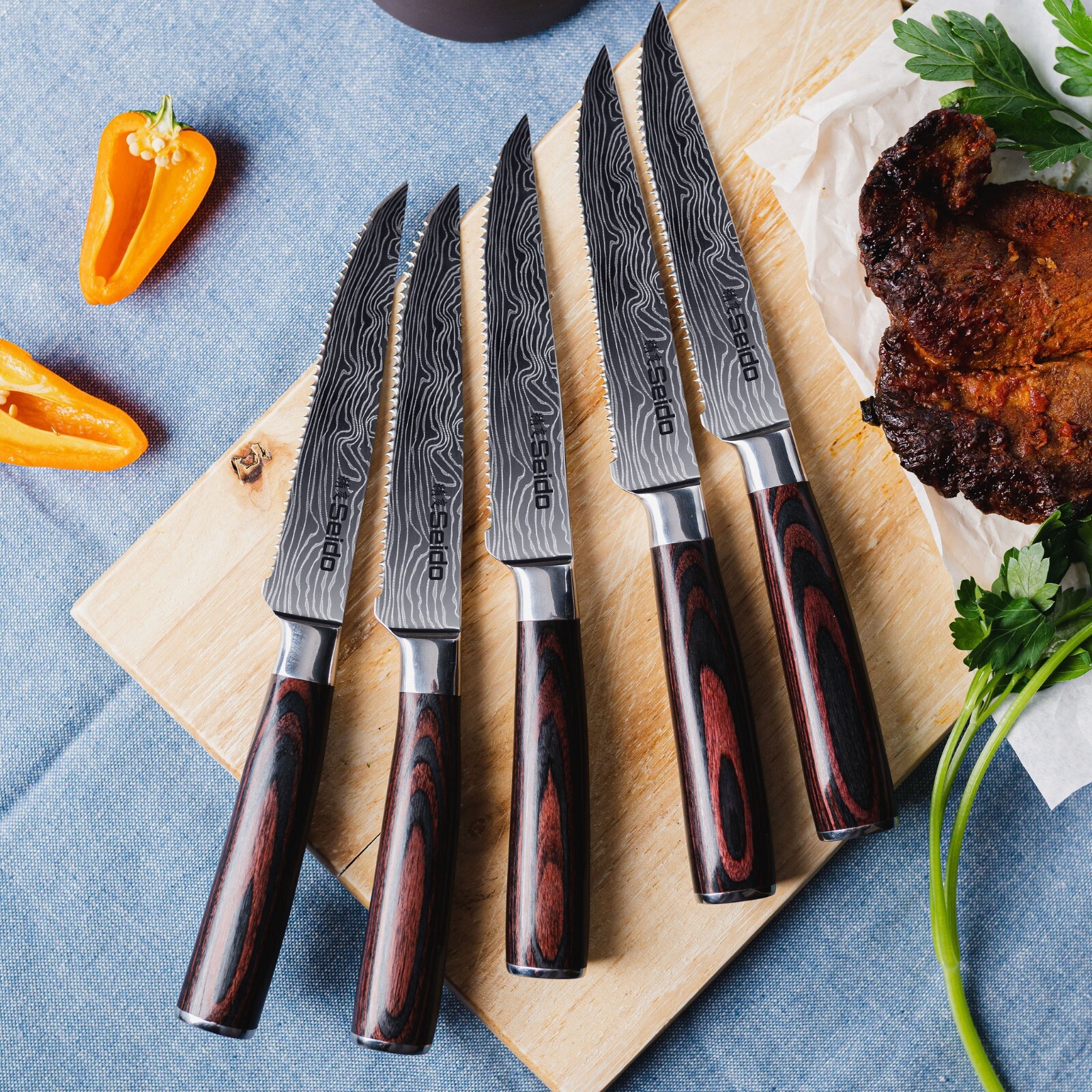 Seido Knives 5-Piece Stainless Steel Serrated Steak Knives Table Cutlery