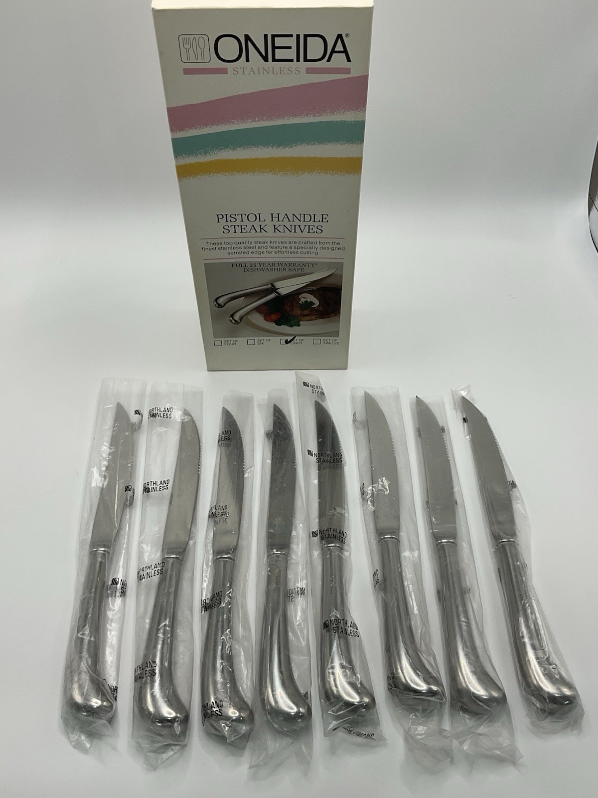 Vtg Oneida Northland Stainless Pistol Handle Steak Knives Set of 8 New In Box