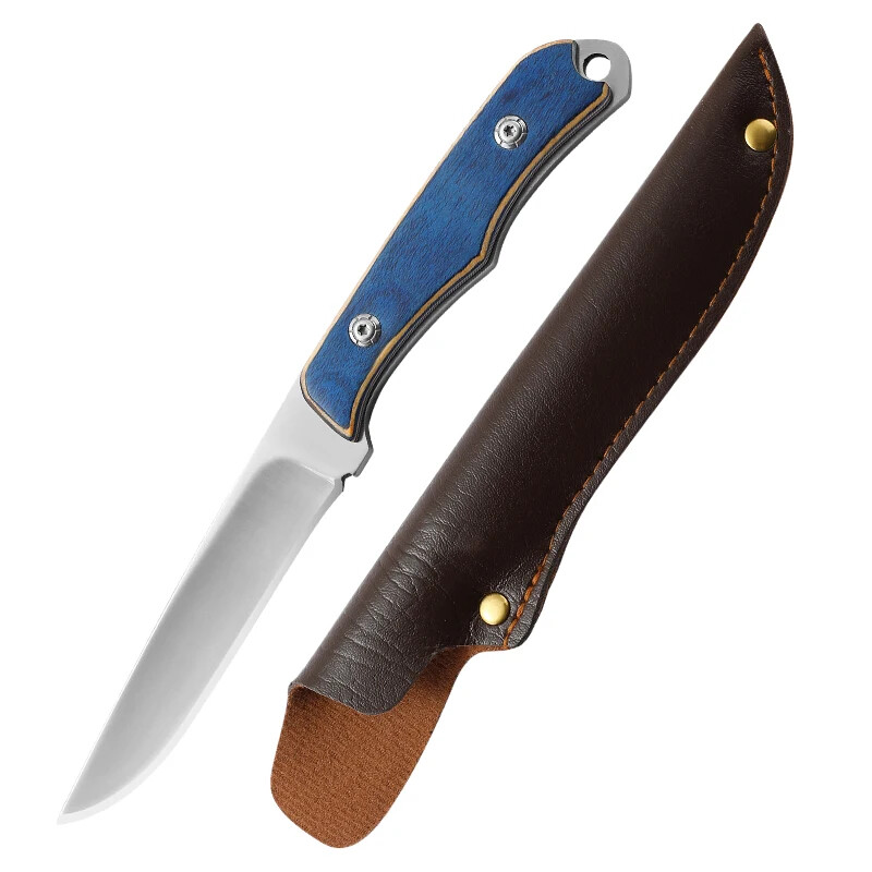 portable steel knife with sheath and wood handle for grilling and fruit cutting