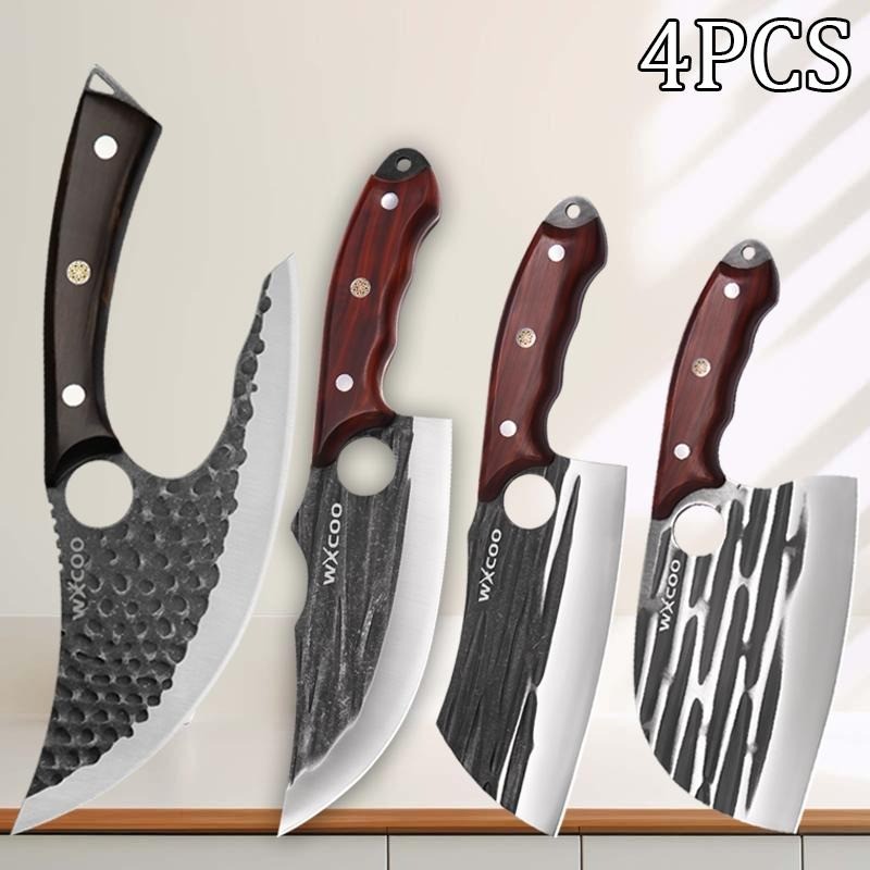 4PCS Stainless Steel Boning Knife Handmade Meat Cleaver Camping Kitchen Knife