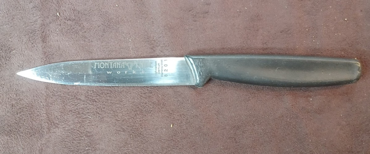 Vtg MONTANA KNIFE WORKS 8201 4″ Paring Knife, Blk Nylon Molded Handle