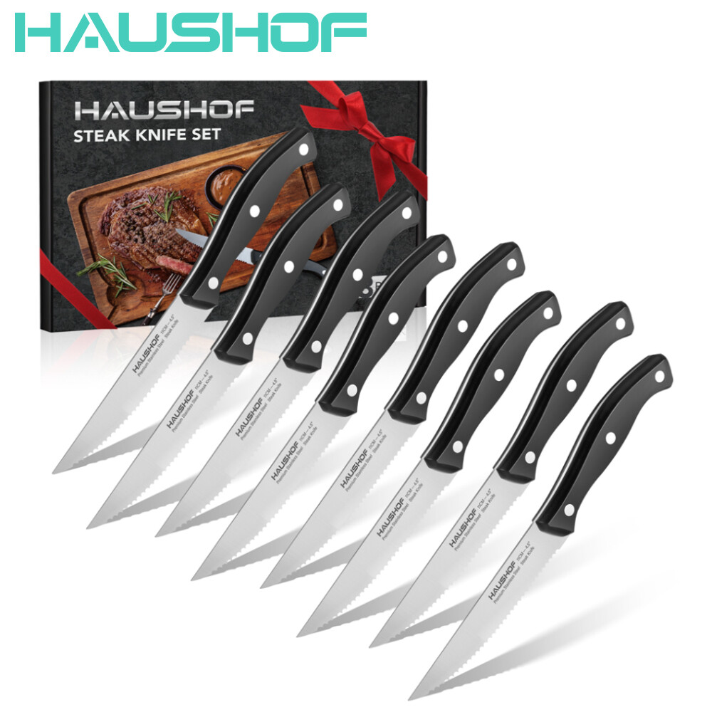 HAUSHOF 8PCS Steak Knives Set Stainless Steel Knives Serrated 9″ Full Tang Knife