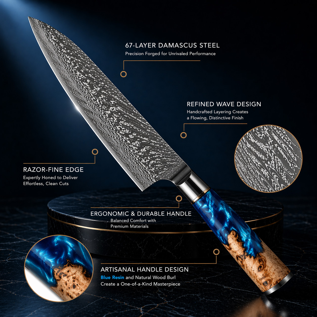 3-Piece Damascus Knife Set 67-Layer VG10 Japanese Kitchen Knives Blue Resin