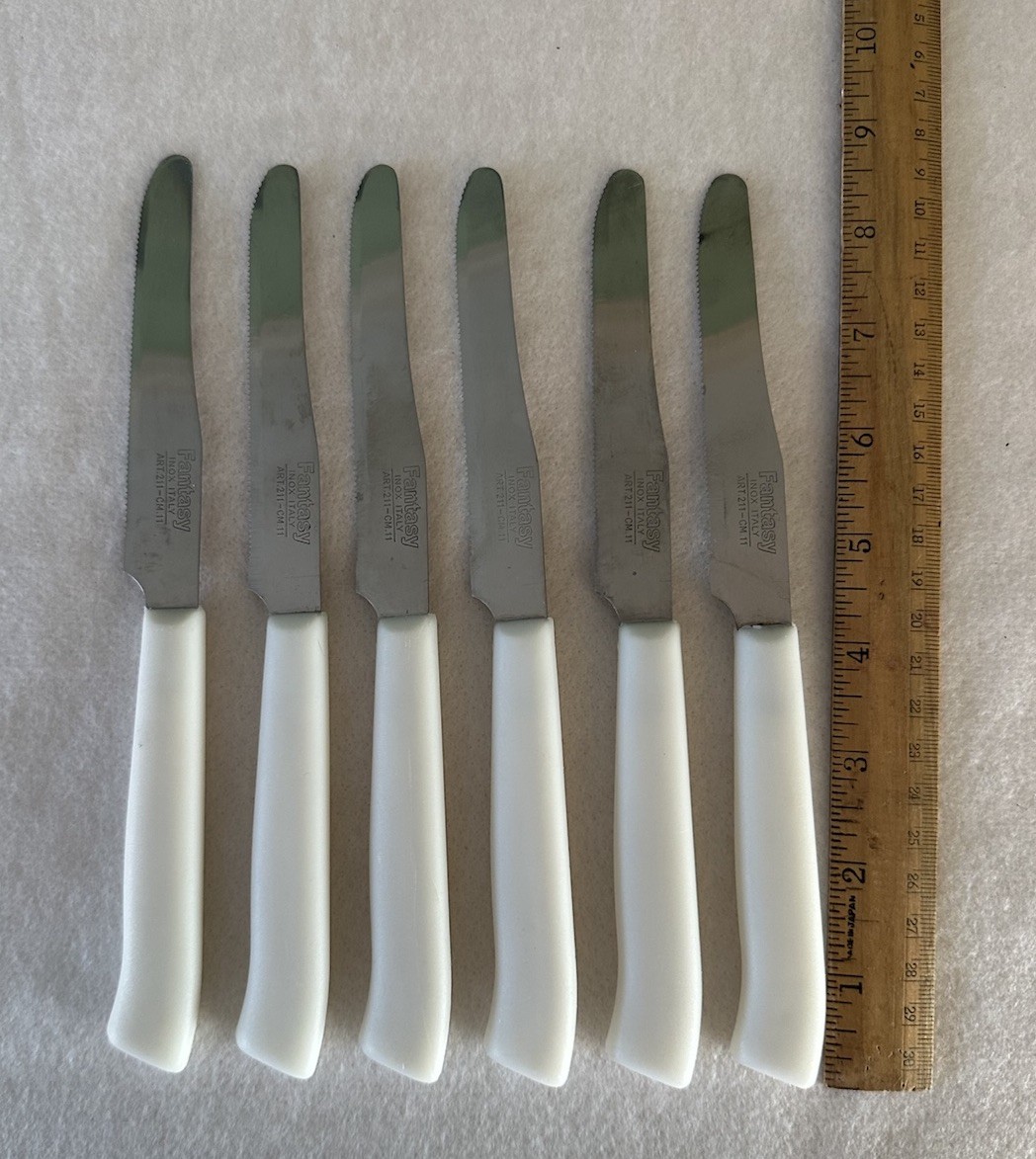 VTG Italian Steak Knives Set of 6 Fantasy Inox Italy White Handle Serrated Retro
