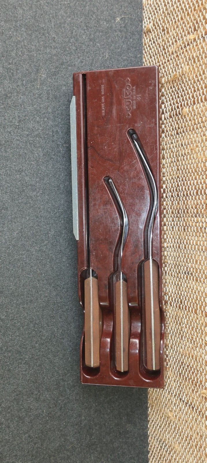 Vtg Cutco Serving Set Forks & butcher knife With Brown Wall Mount Tray