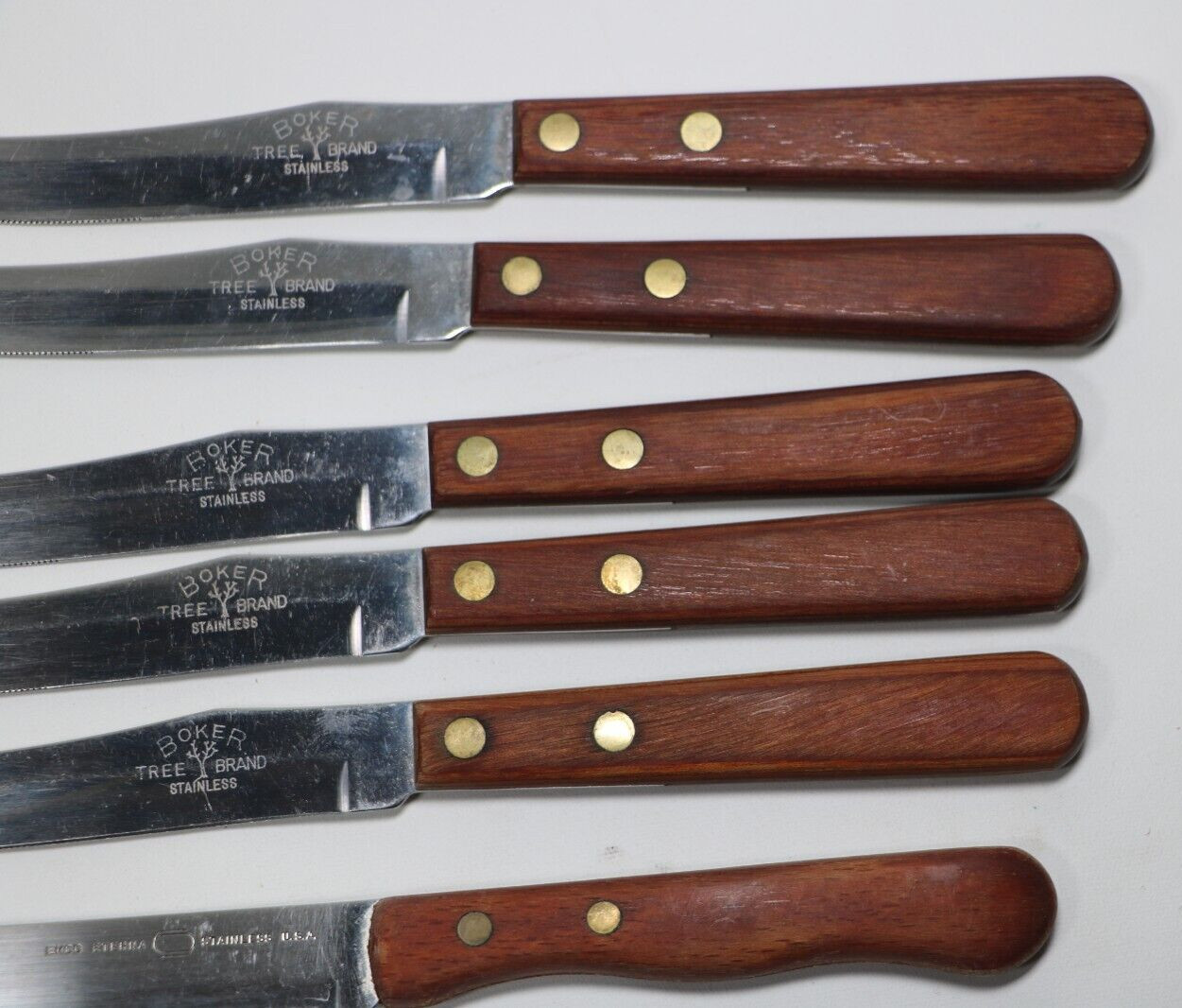 Vintage Boker Tree Brand Stainless Steak Knife Set 6pc USA Made Knives