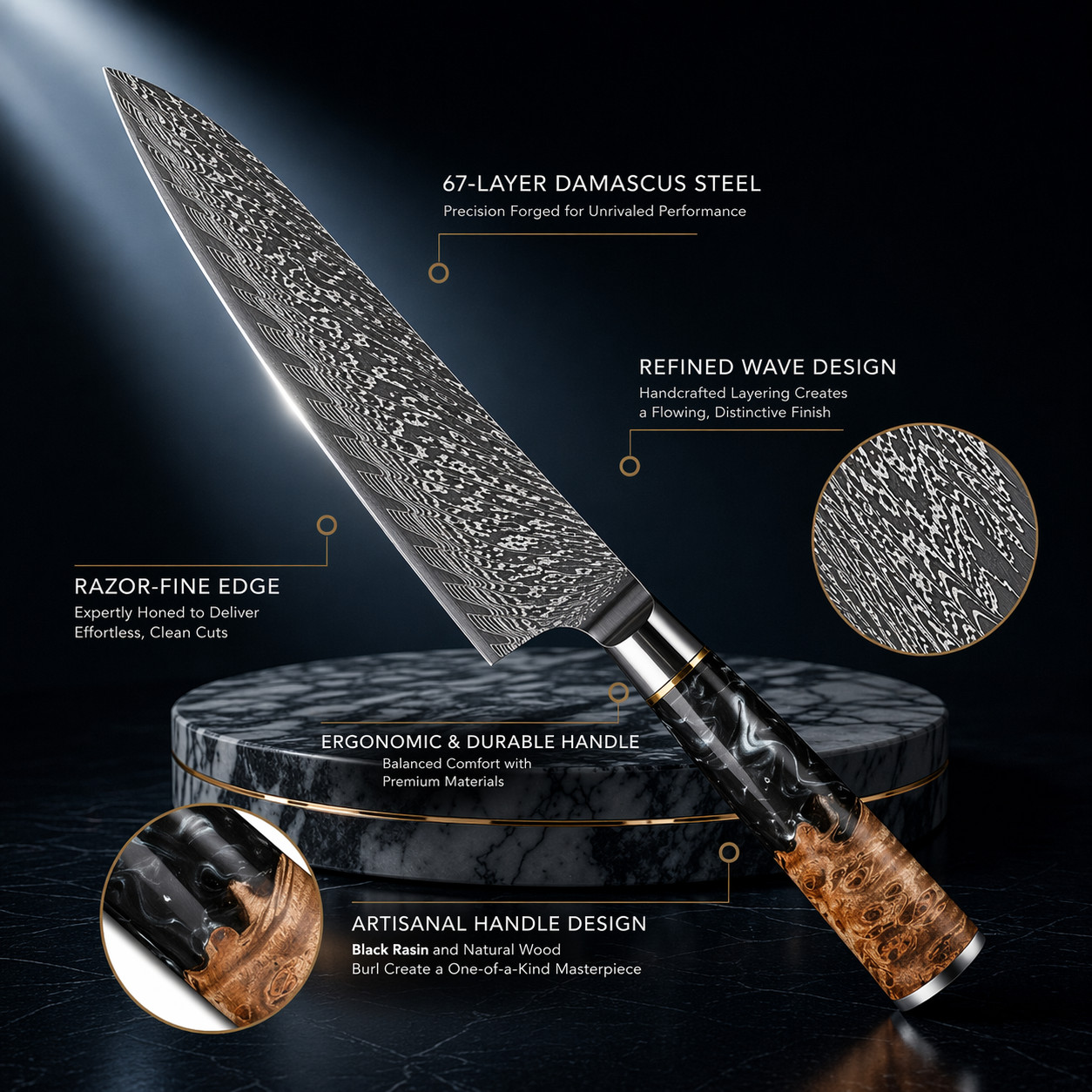 3-Piece Damascus Knife Set 67-Layer VG10 Japanese Kitchen Knives Black Resin