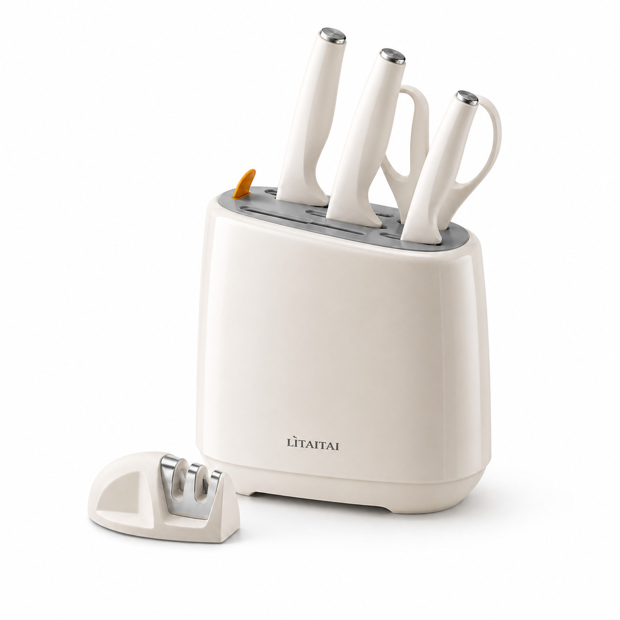 Kitchen Knife Set 6-Piece with Block Sharpener Scissors Stainless Steel Beige