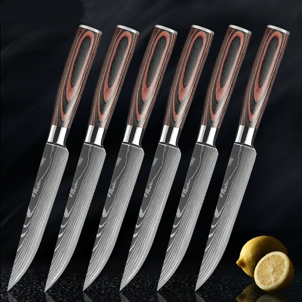 6PCS Kitchen Knife Cleaver Chef Damascus Sharp Steak Stainless Steel Knives US