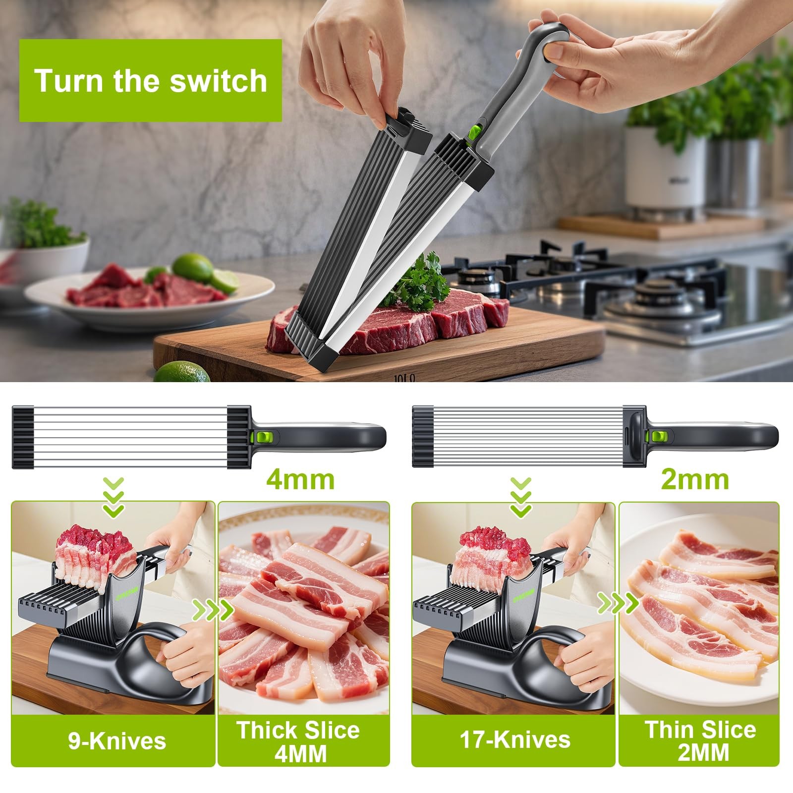 Fresh meat slicer, adjustable thickness, 2 or 4 mm, 17-in-1 stainless steel m…