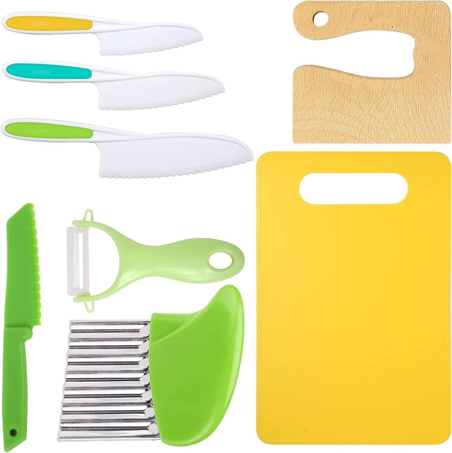 8 Pcs Wooden Kitchen Knife Set for Kids – Includes Safe Knives, Serrated Plas…