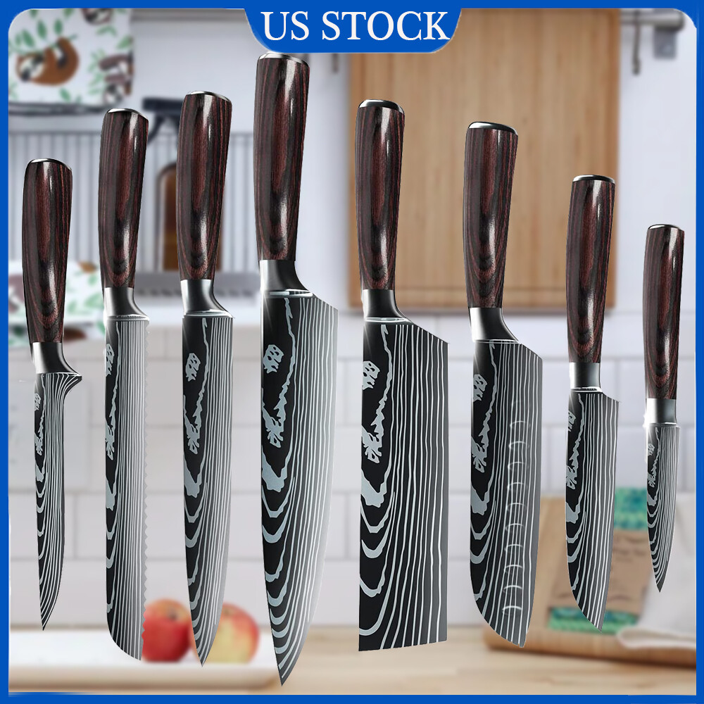 8PCS Kitchen Knives Set Professional Chef Damascus Pattern Cleaver Steak Knife