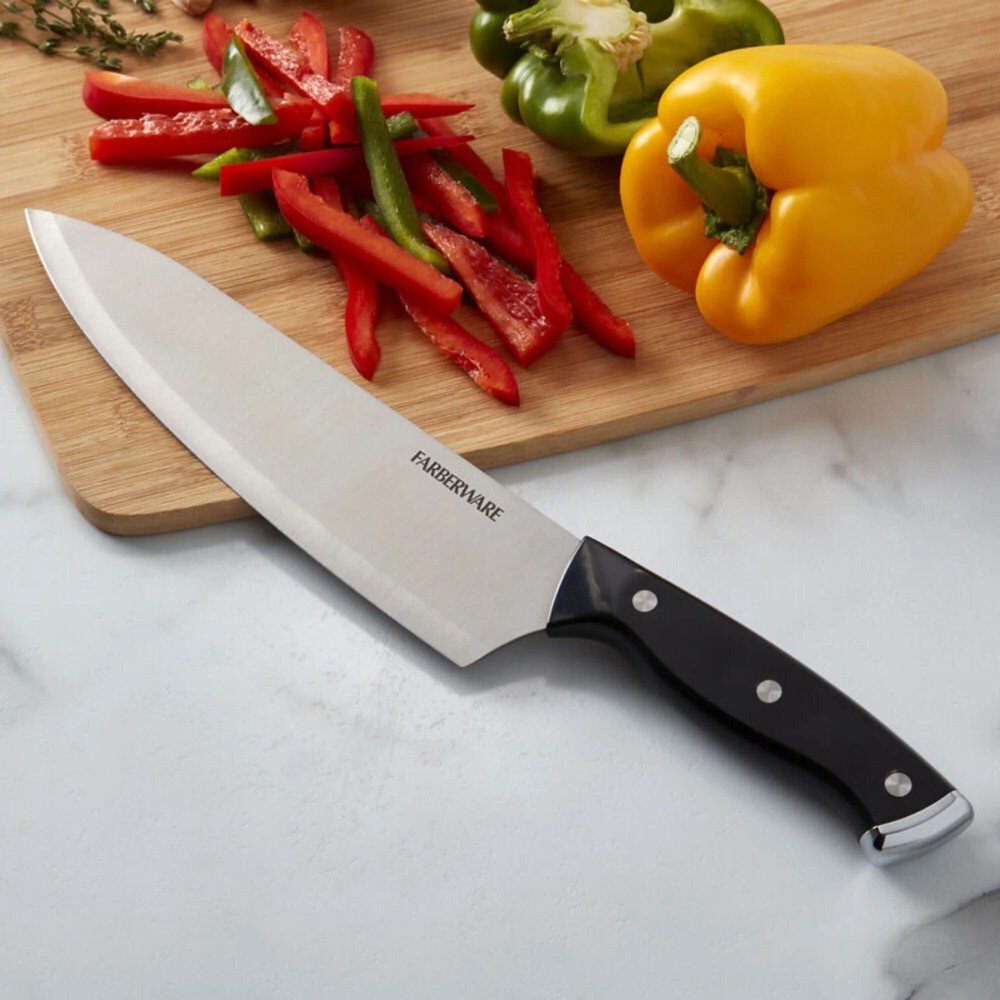 15-Piece Triple Rivet Kitchen Knife Block Set with Wood Block and Black Handles