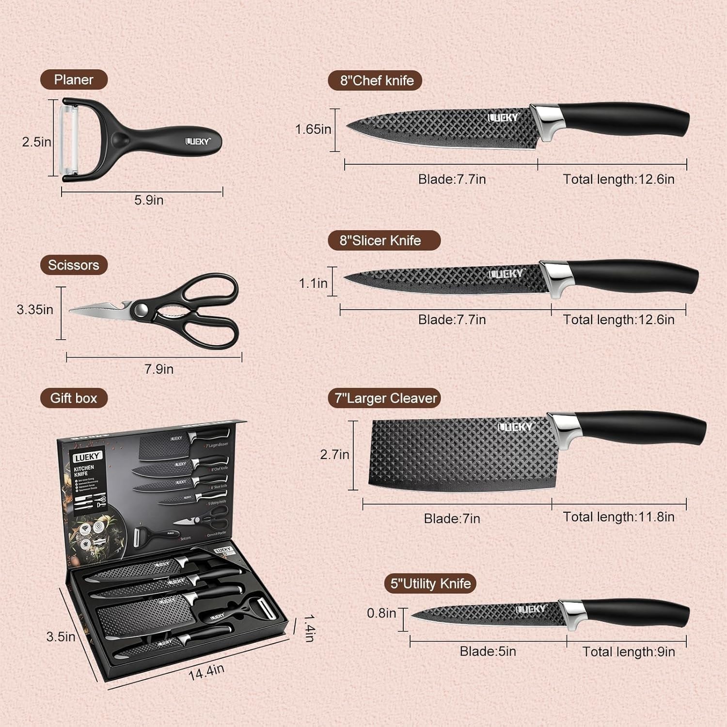 6PCS Kitchen Knife Set Stainless Steel Chef Knives Scissors Peeler Gift Box Blac
