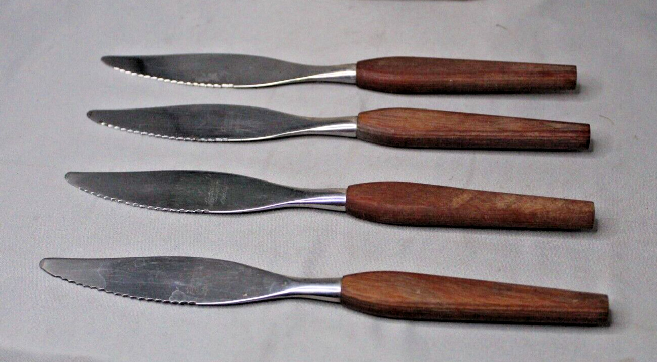 Mid Century Fleetwood Teak Wood Knife Set Butter Steak Set of 4