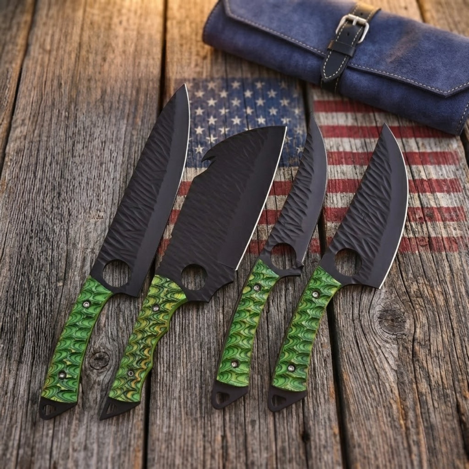 Tactical Chef Knife Set Custom Damascus 4pc Green Wood Handle BBQ Field Kitchen