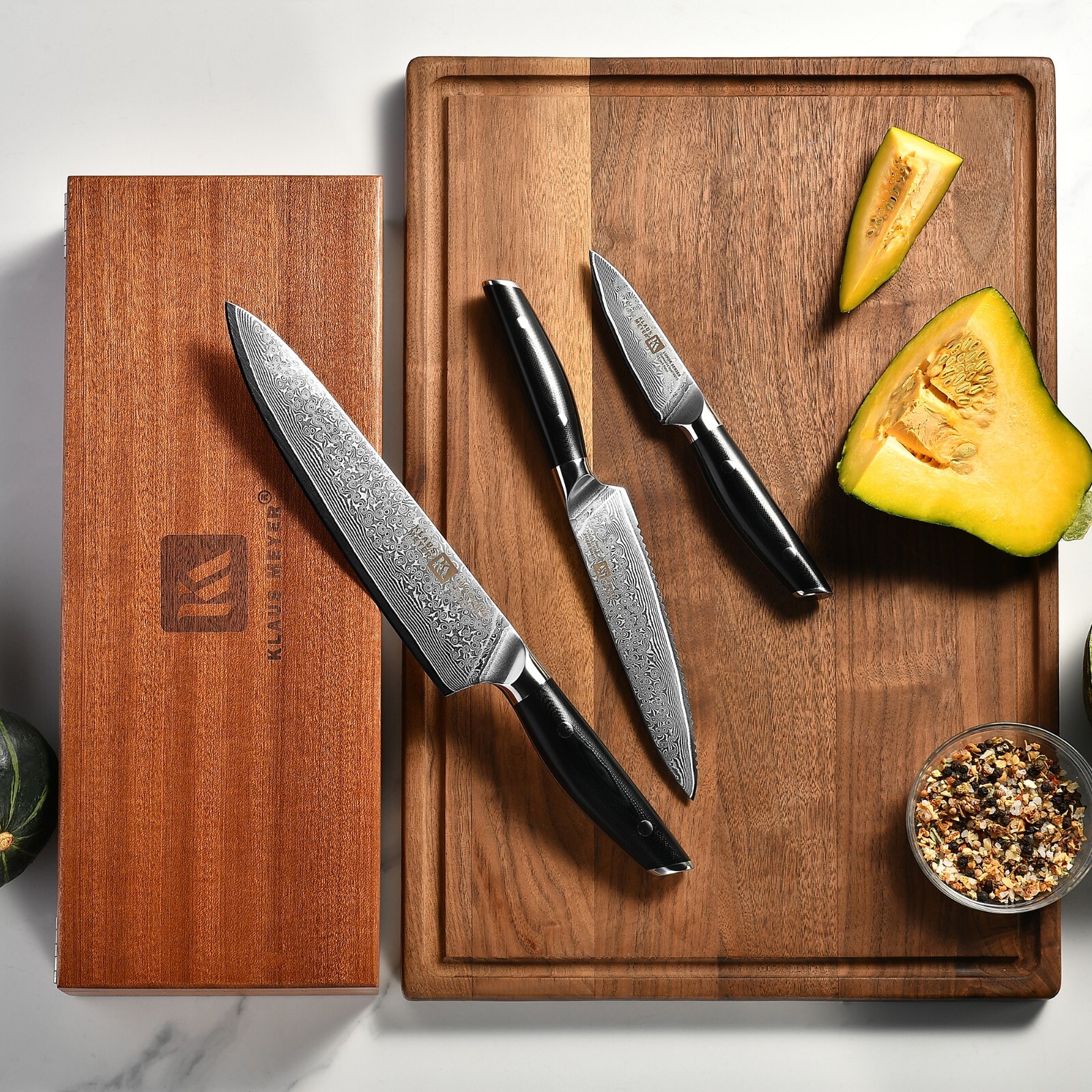 Klaus Meyer Luxor Damascus Steel 3 Piece Knife Set with Sapele Wood Box