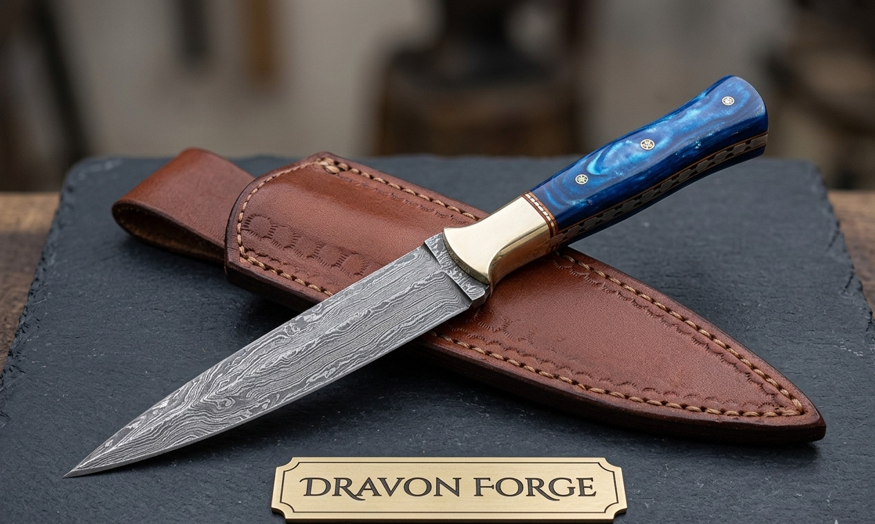CUSTOM HANDMADE DAMASCUS STEEL KNIFE WITH LEATHER SHEATH FULL TANG