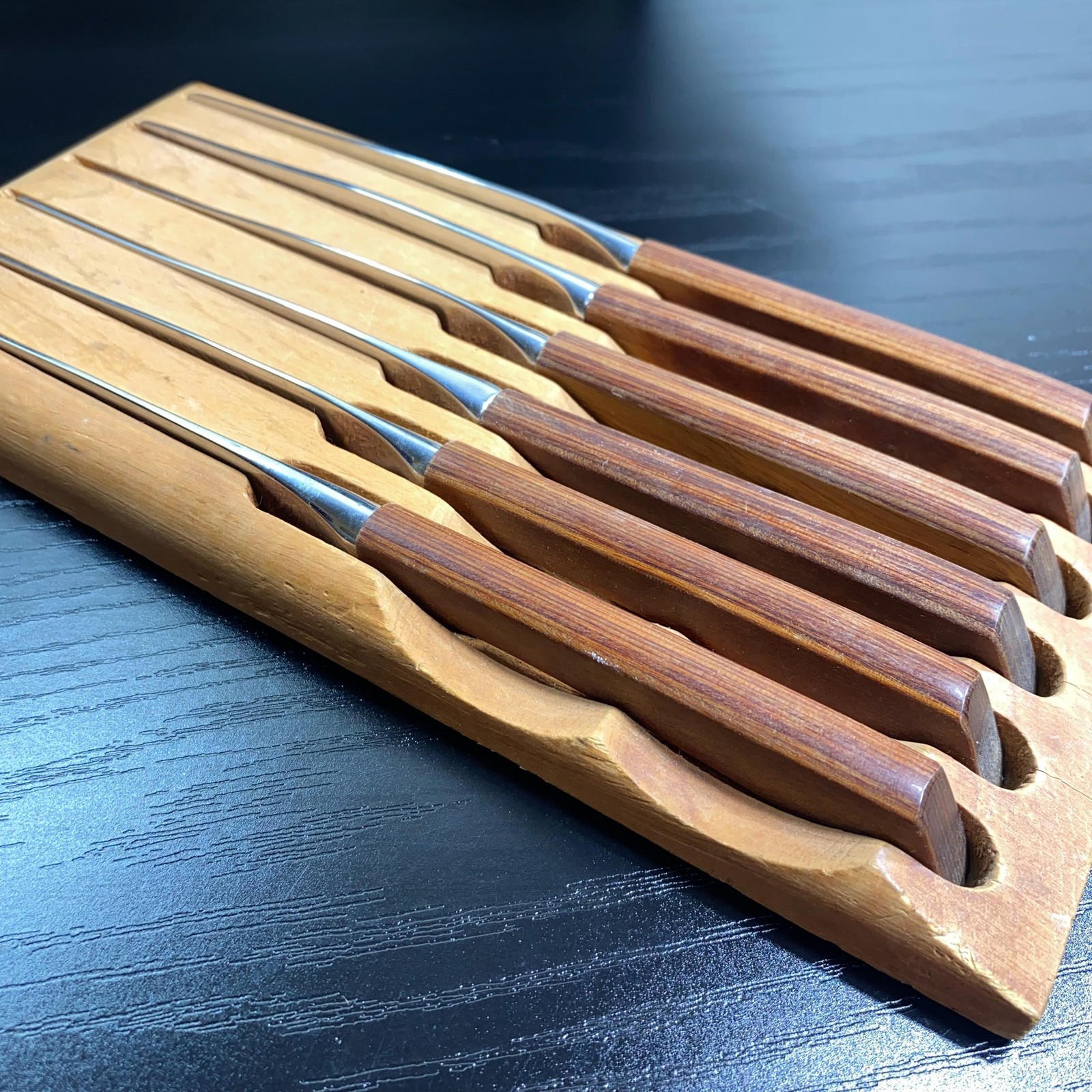Vintage Steak Knives Set Of 7 Teak Wood Handles Stainless With Tray Brown MCM