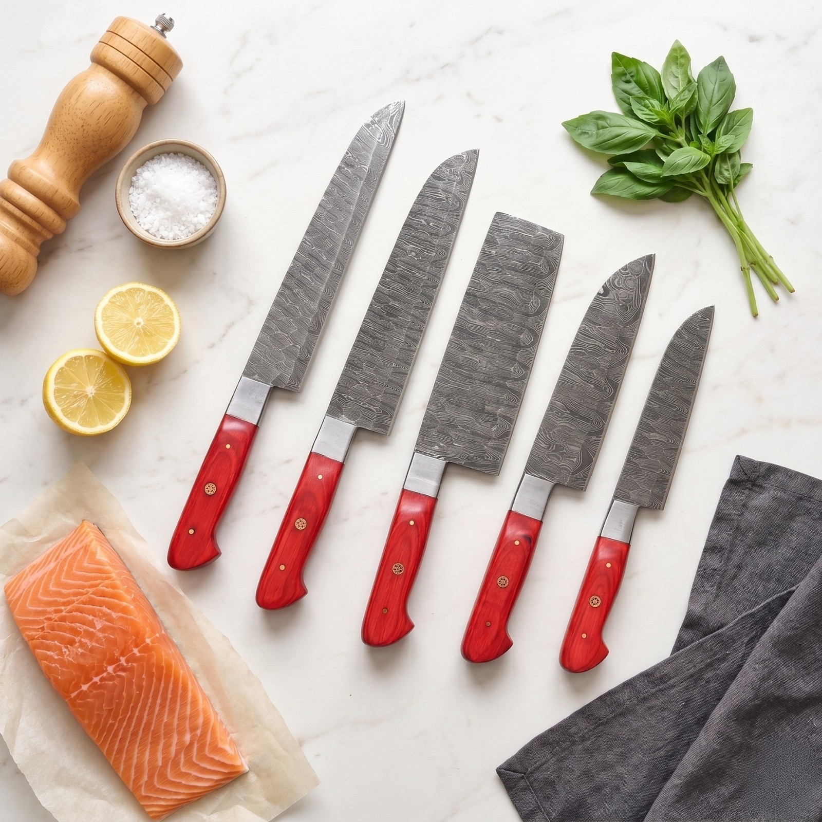 Handmade Damascus Steel 5Pc Chef Knife Set For Kitchen Cooking With Roll Bag